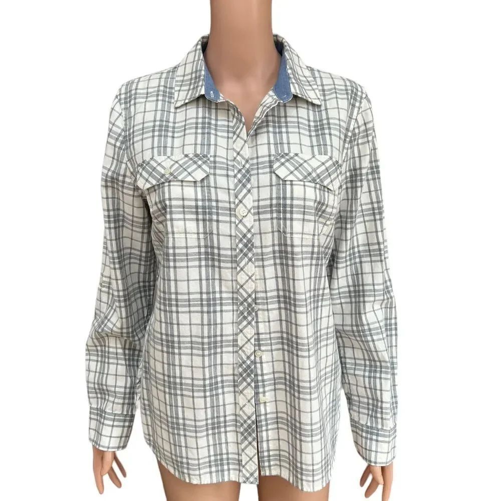 Talbots Womens top size 10 gray white plaid flannel button-down fall long sleeve